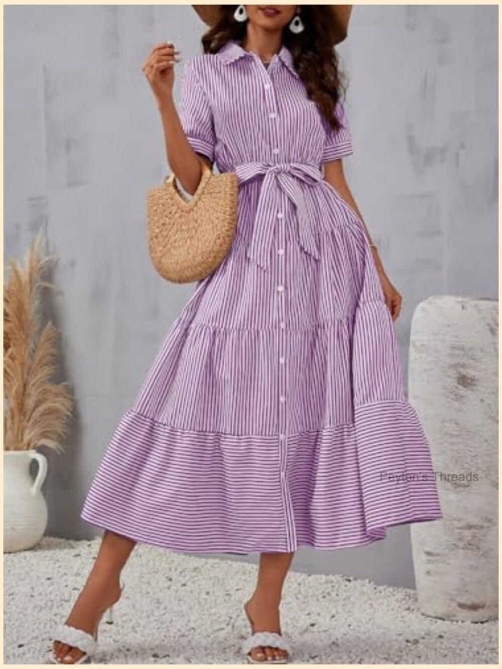 Cotton Boho Striped Shirt Dress Button Down Flowy A-Line Maxi Dress with Pockets - Picture 2 of 5
